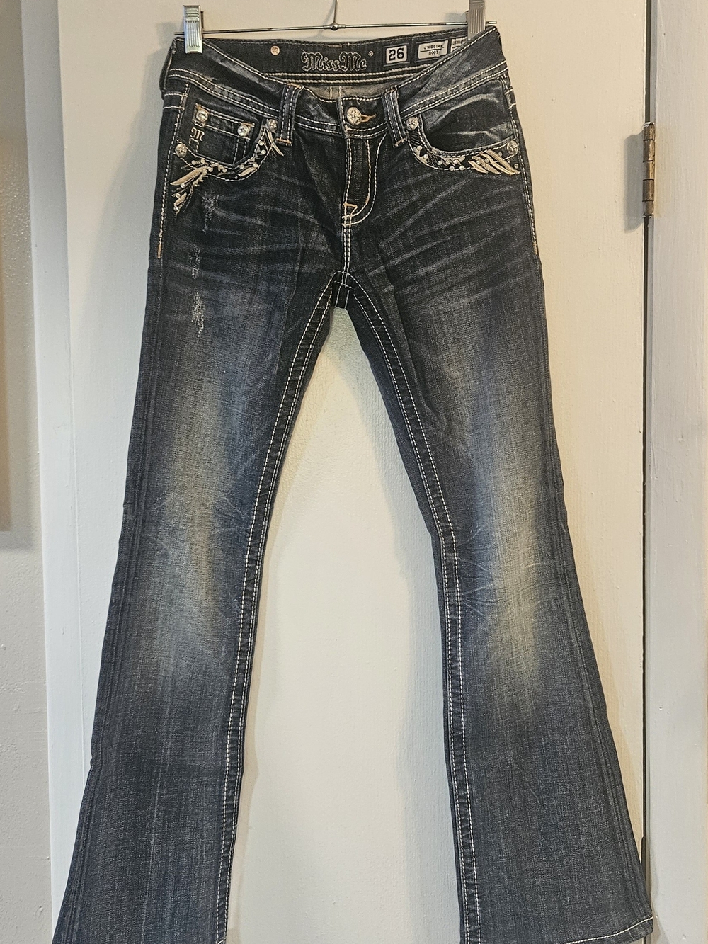 Miss Me Women's Dark Wash Flare Jeans with Embroidered Pockets - Horseshoe